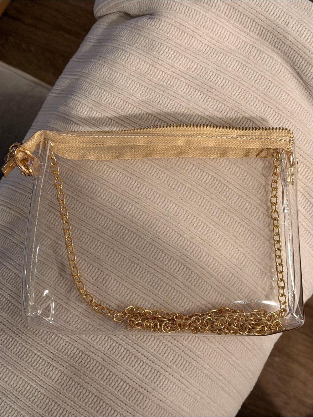 Clear PVC Wristlet Bag with Gold Chain - Beige Trim